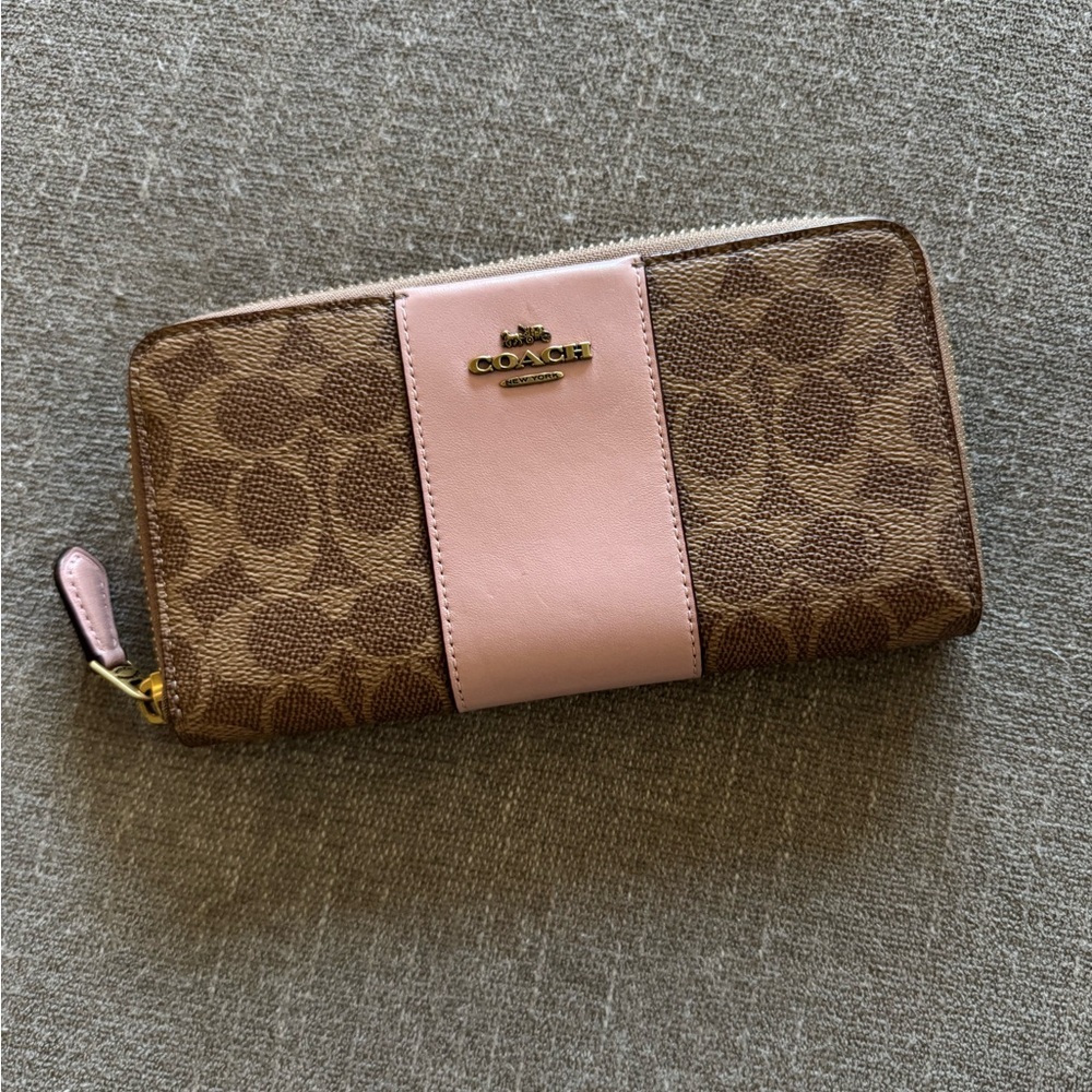 Coach Signature Zip‎ Around Wallet Brown & Pink Leather Canvas OS